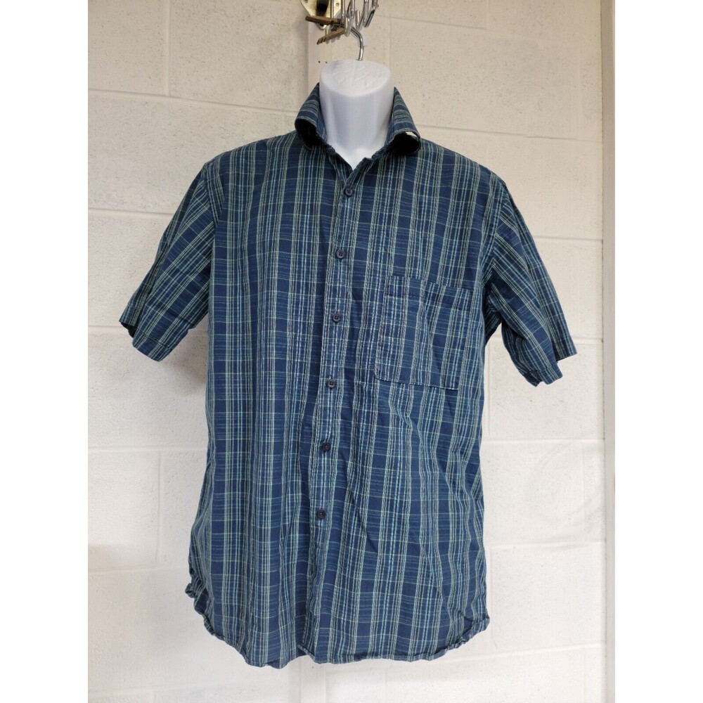 J. Ferrar Shirt Mens 16-16.5 Large Blue Yellow Red StripedShort Sleeve Button Up